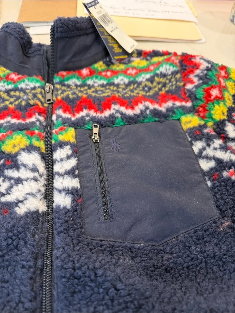 POLO Ralph Lauren Navy Sherpa Zip-Up Jacket with Multicolor Fair Isle Yoke